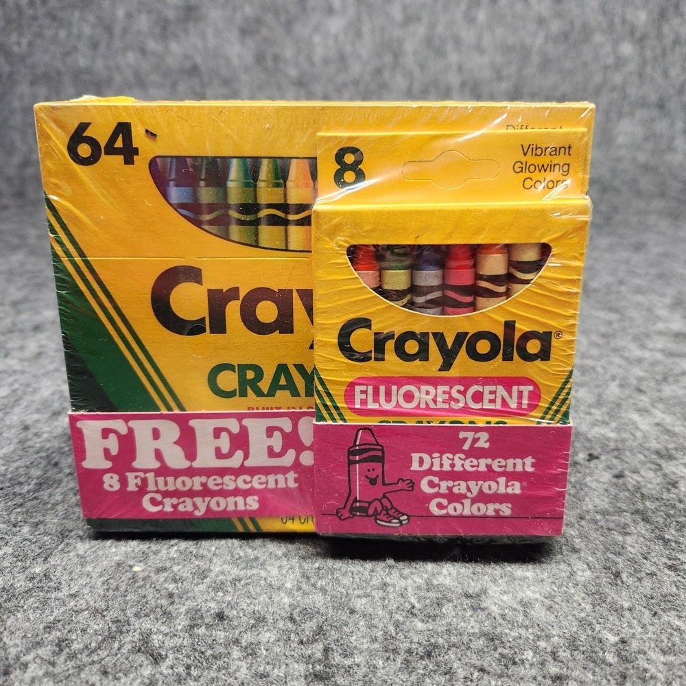 Vintage 1989 Crayola Set of 64 & Set of 8 Fluorescent Crayons New Factory Sealed